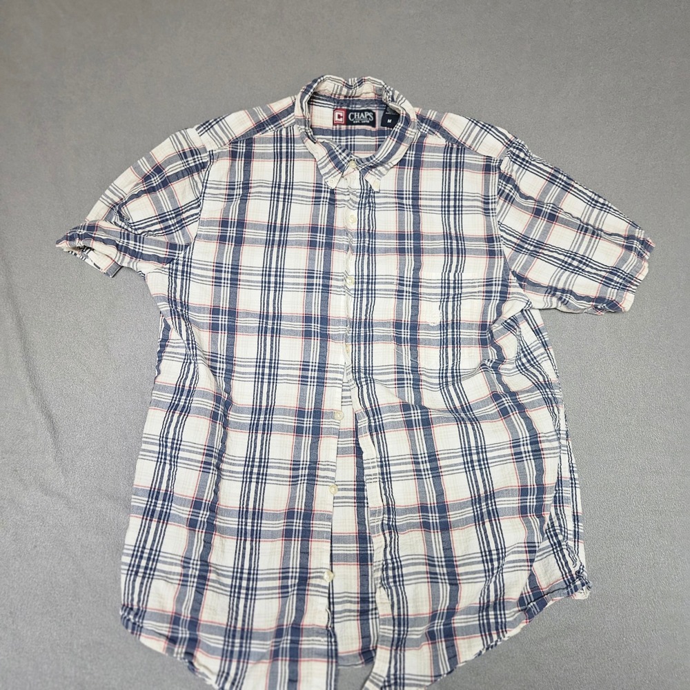 Chaps Mens Medium Short Sleeve Button Down Shirt Navy Blue Red White Plaid